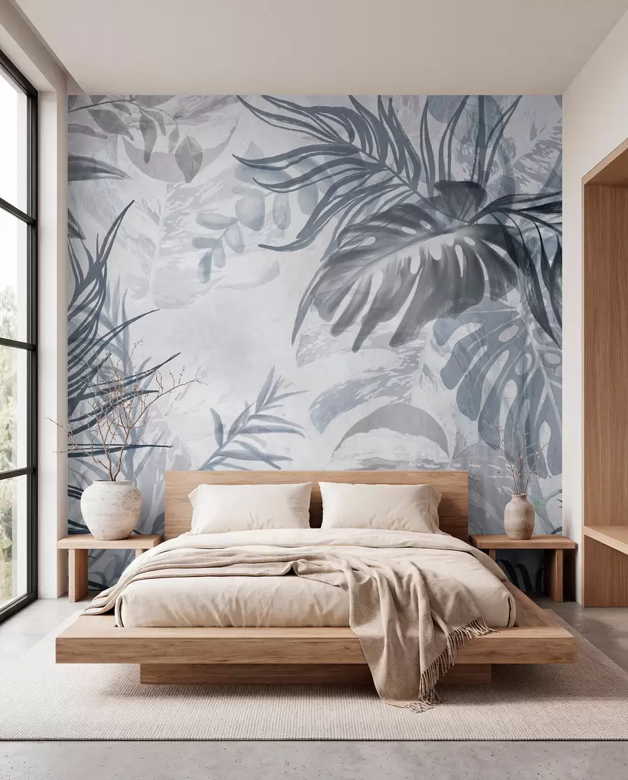 Papier peint Monstera et feuilles de palmier dans les tons de bleu et de gris, botanique, feuillage tropical, plantes de la jungle, fond texturé w09011v1