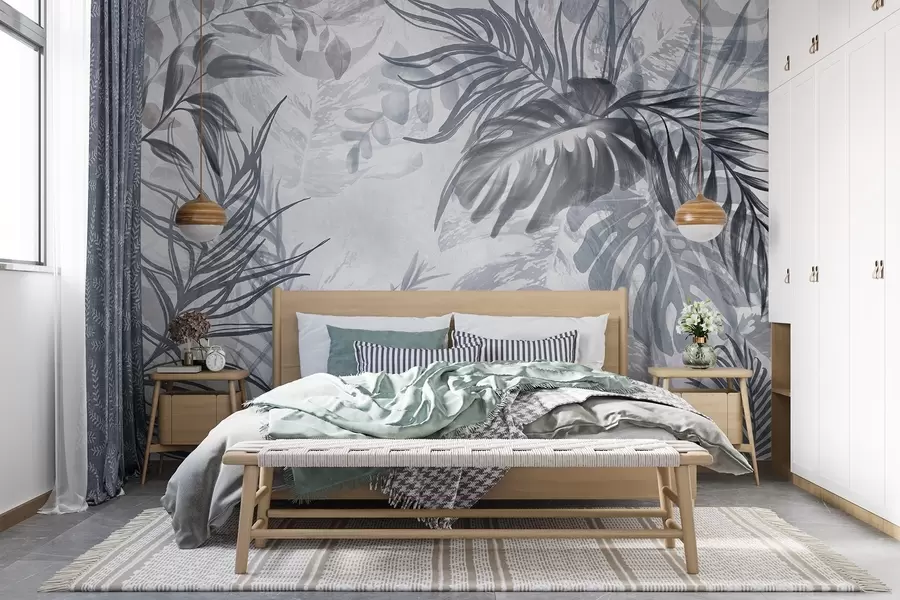 Papier peint Monstera et feuilles de palmier dans les tons de bleu et de gris, botanique, feuillage tropical, plantes de la jungle, fond texturé w09011v1