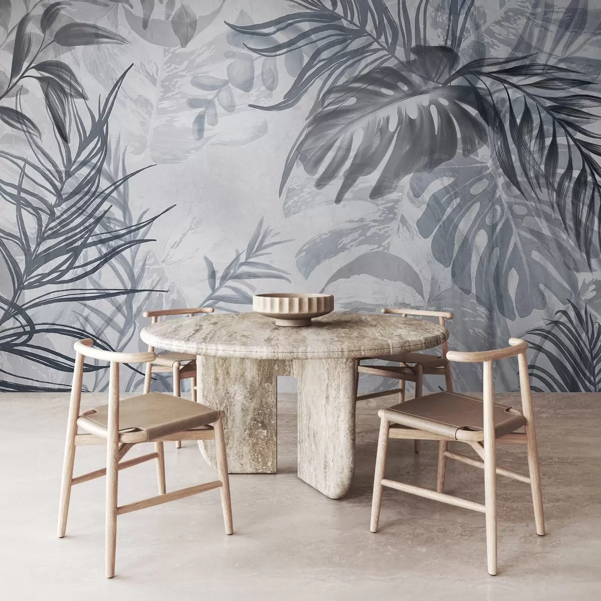 Papier peint Monstera et feuilles de palmier dans les tons de bleu et de gris, botanique, feuillage tropical, plantes de la jungle, fond texturé w09011v1