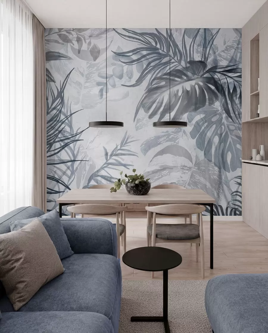 Papier peint Monstera et feuilles de palmier dans les tons de bleu et de gris, botanique, feuillage tropical, plantes de la jungle, fond texturé w09011v1