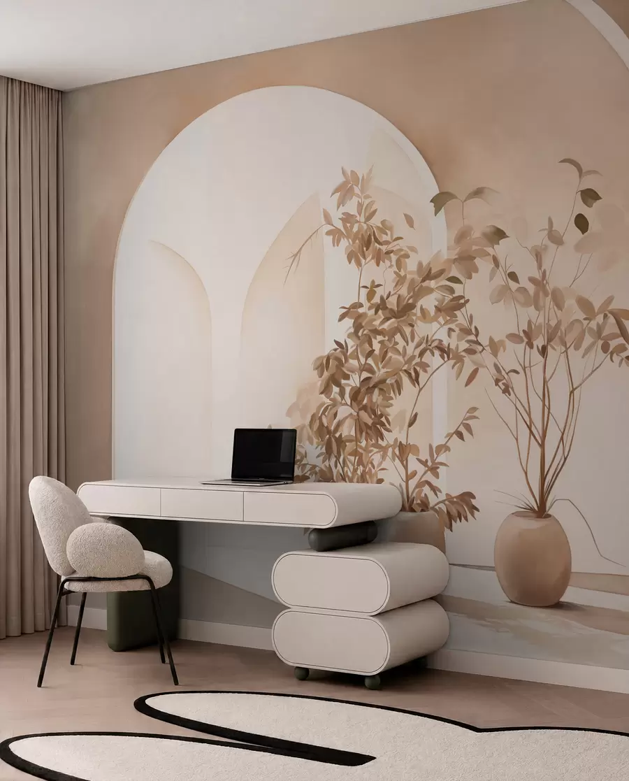 Papier peint Plantes en pots dans les tons beiges devant des arches abstraites, style minimaliste, élégant et propre, fond neutre w09013