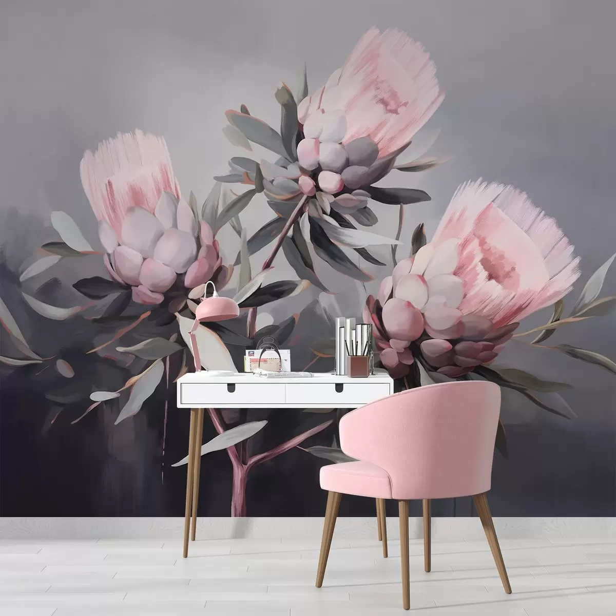 Papier peint Fleurs abstraites de protea rose avec des feuilles grises, coups de pinceau doux et texturés, couleurs sourdes, sur un fond gris flou w09014