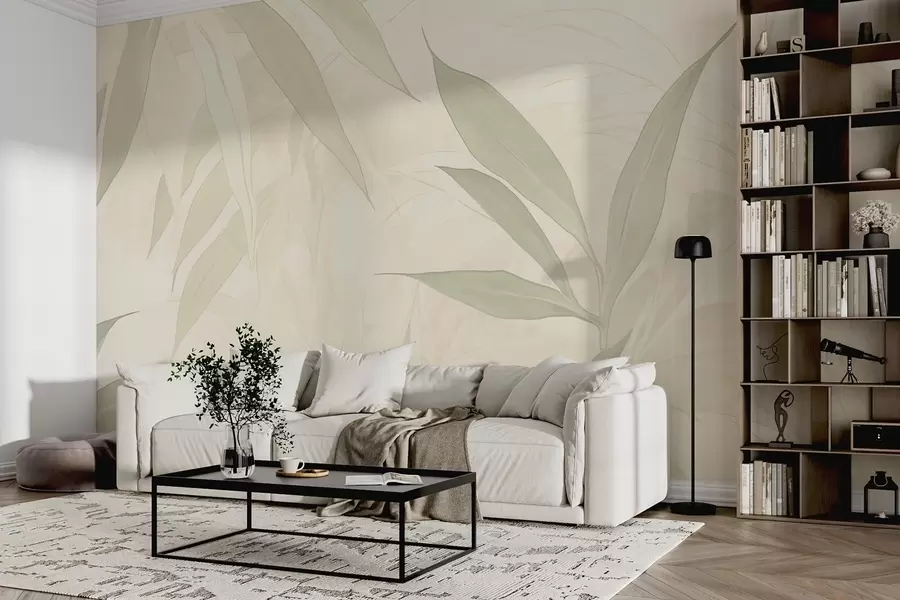 Papier peint Branches et feuilles dans des tons verts doux sur un fond beige w09027