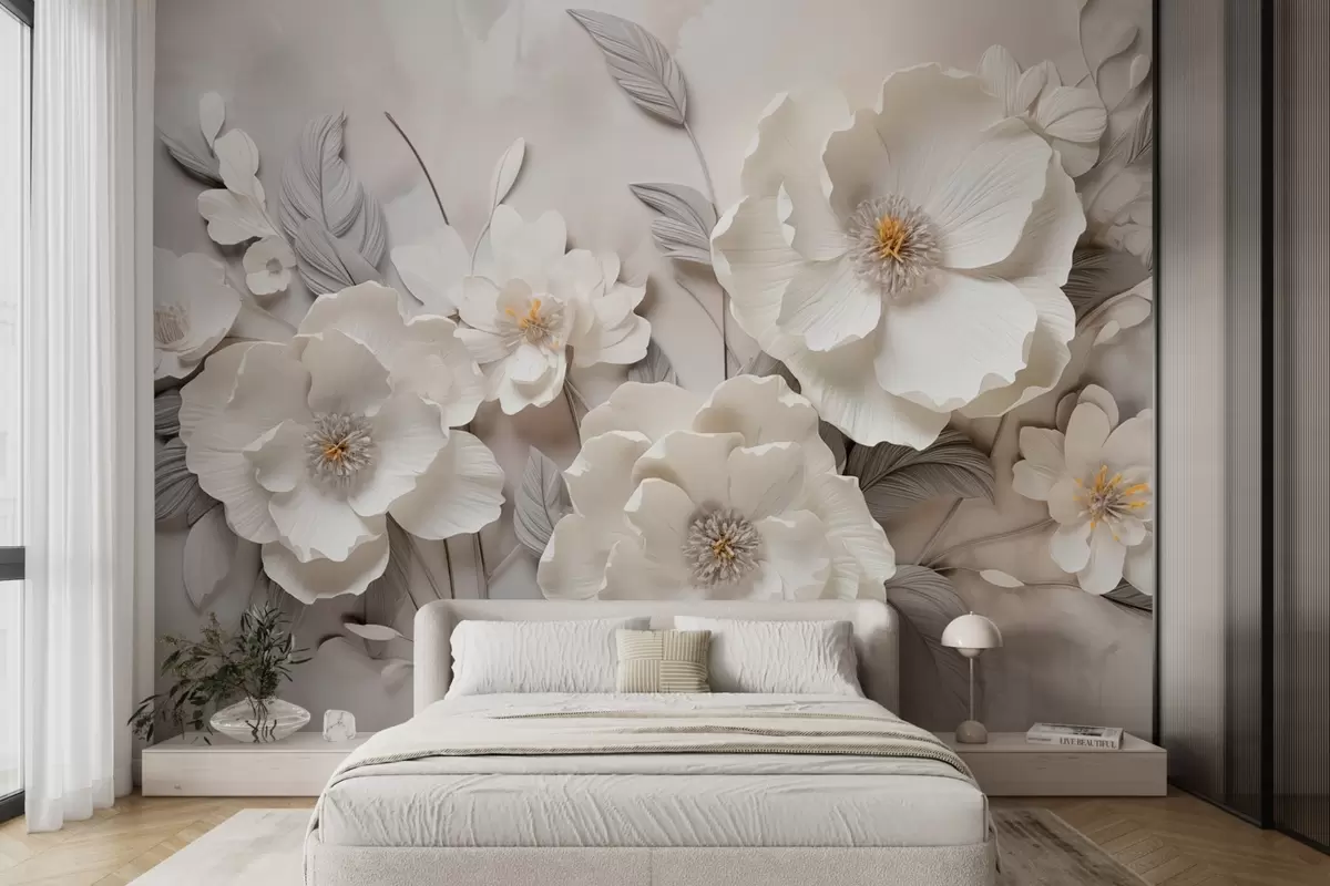 Papier peint Élégantes fleurs blanches aux pétales fins et aux étamines jaunes sur fond gris w09029