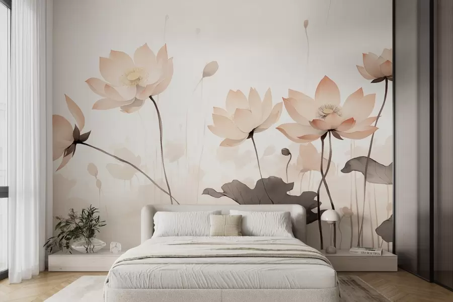 Papier peint Nénuphars dans des tons clairs et délicats en style aquarelle w09035