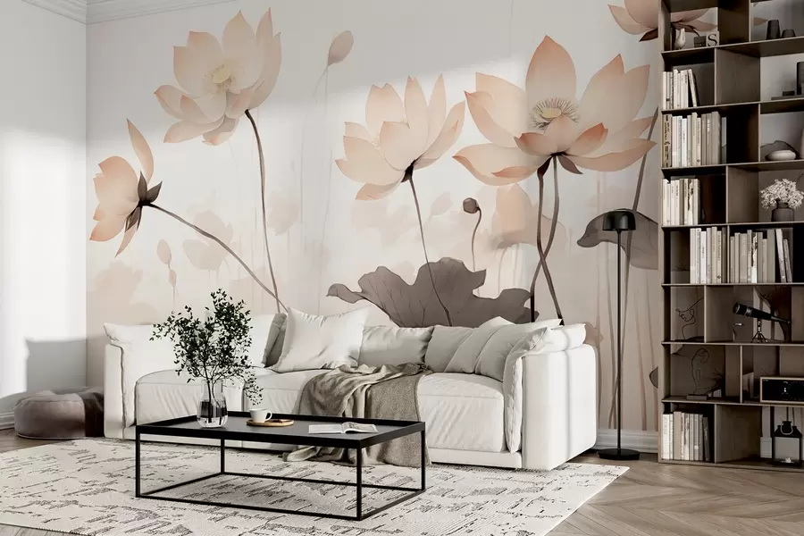 Papier peint Nénuphars dans des tons clairs et délicats en style aquarelle w09035