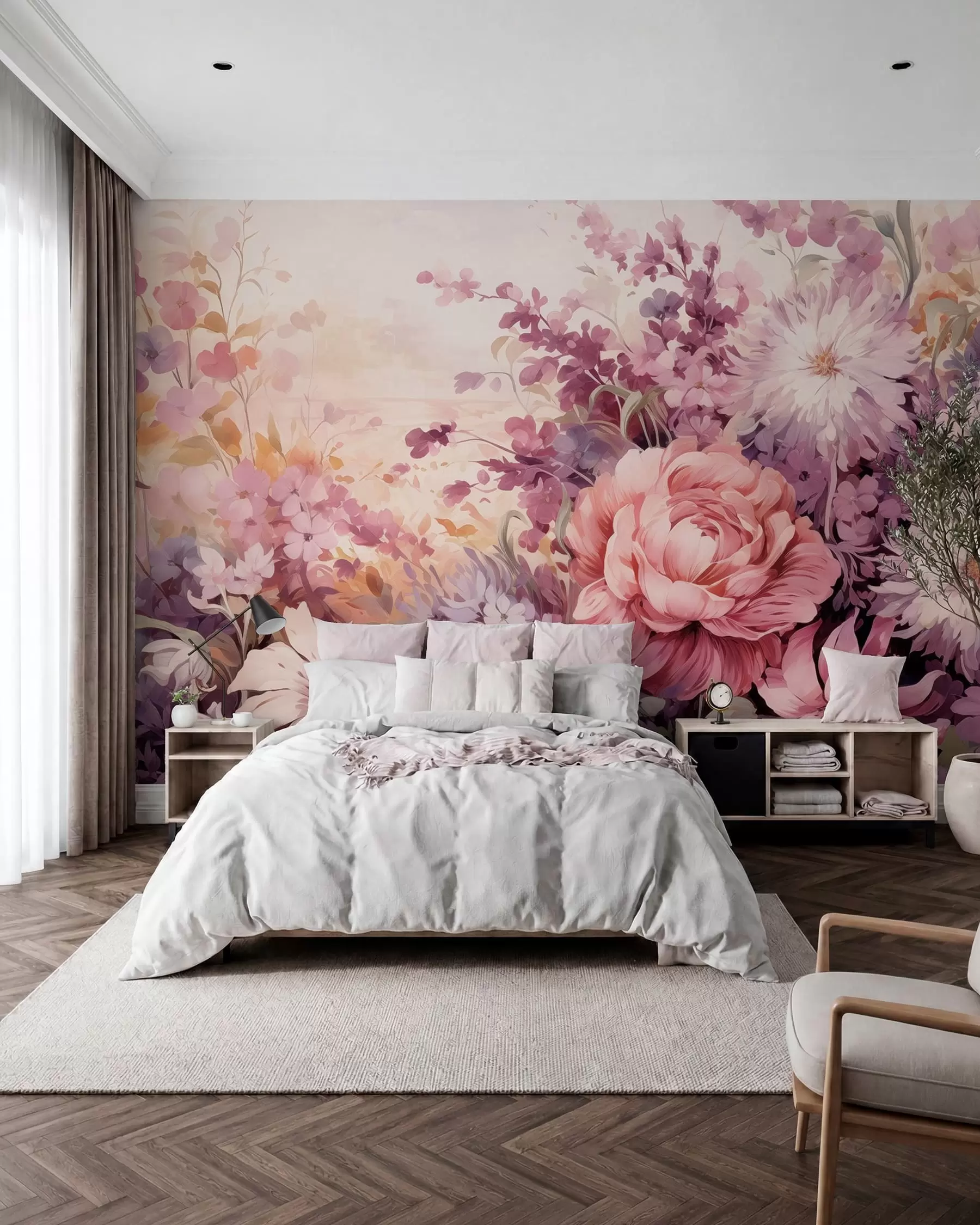 Papier peint Fleurs colorées dans les tons roses et violets : lilas, pivoines, chrysanthèmes w09039