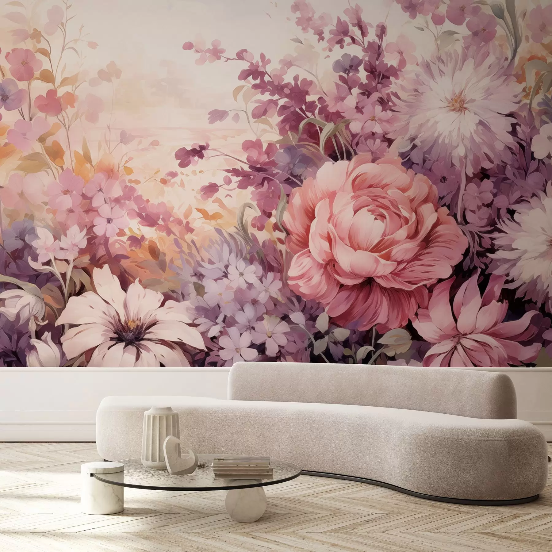Papier peint Fleurs colorées dans les tons roses et violets : lilas, pivoines, chrysanthèmes w09039
