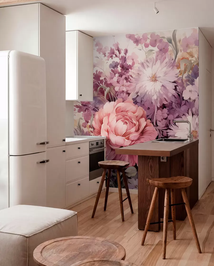 Papier peint Fleurs colorées dans les tons roses et violets : lilas, pivoines, chrysanthèmes w09039