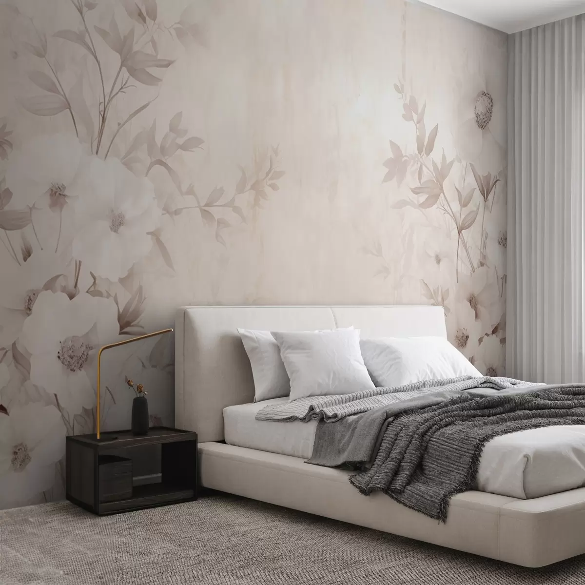 Papier peint Fleurs et feuilles dans des tons neutres et clairs en style aquarelle w09040