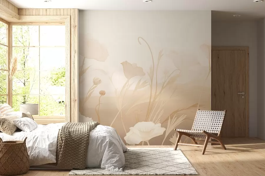 Papier peint Coquelicots blancs dans les tons beige-gris w09041