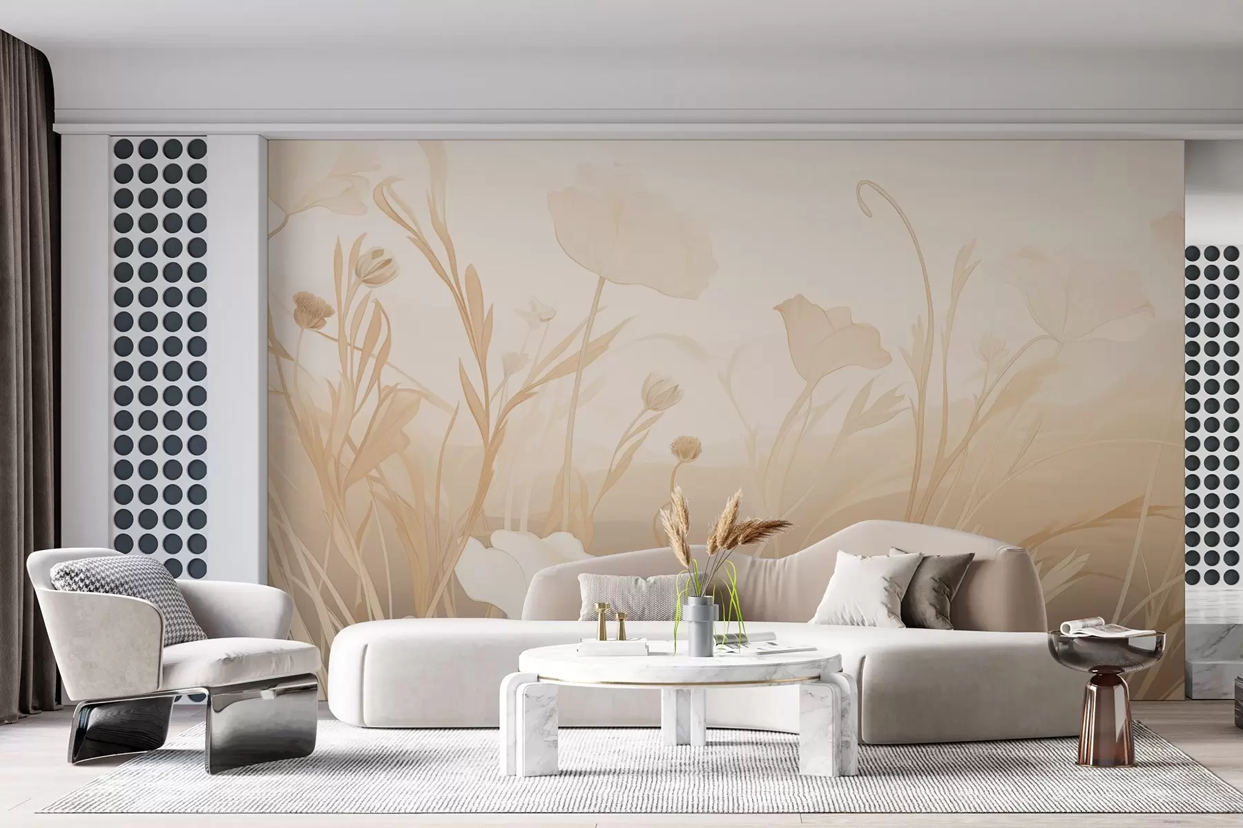 Papier peint Coquelicots blancs dans les tons beige-gris w09041