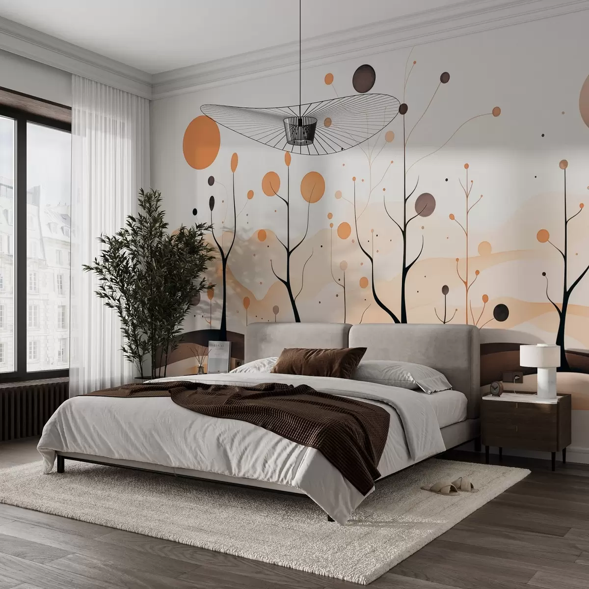 Papier peint Arbres abstraits avec sphères et soleil dans les tons beige-gris w09043