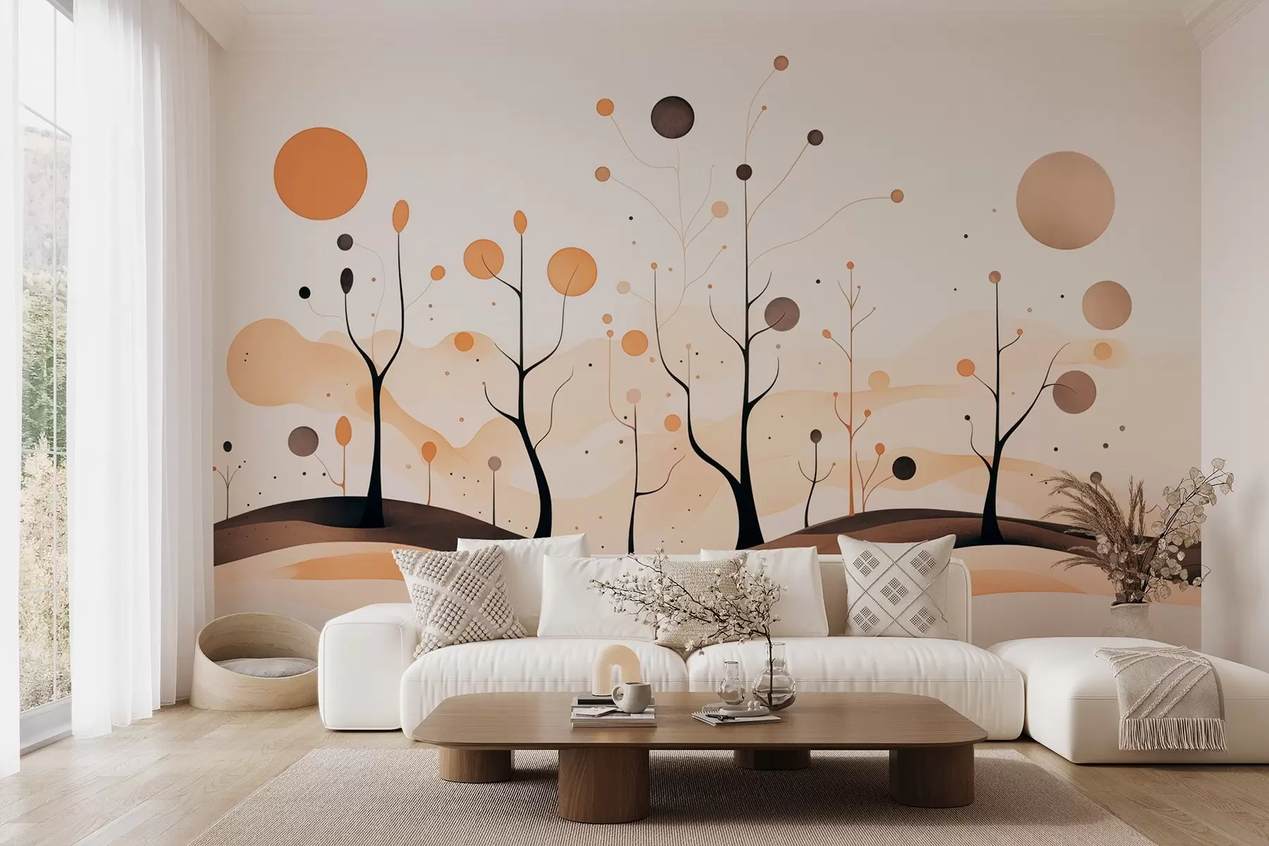 Papier peint Arbres abstraits avec sphères et soleil dans les tons beige-gris w09043