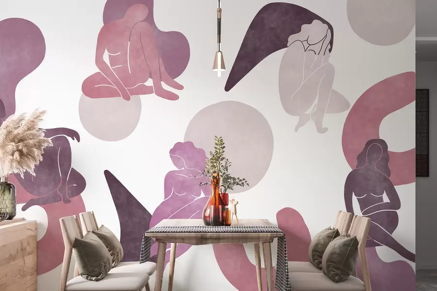 Papier peint Abstractions géométriques avec des silhouettes de femmes, style boho, rose, beige, violet w03753v3