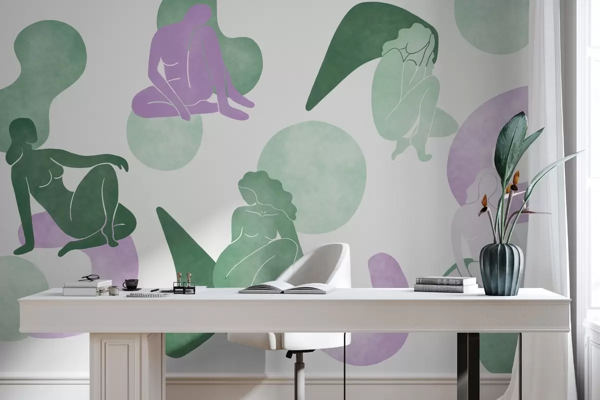 Papier peint Abstractions géométriques avec des silhouettes de femmes, style boho, violet, vert w03753v4