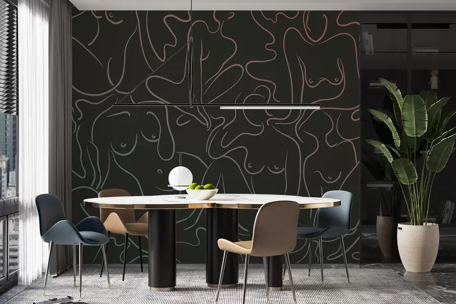 Papier peint Silhouettes anatomiques dessinées au trait, abstraction, fond sombre w03755v2