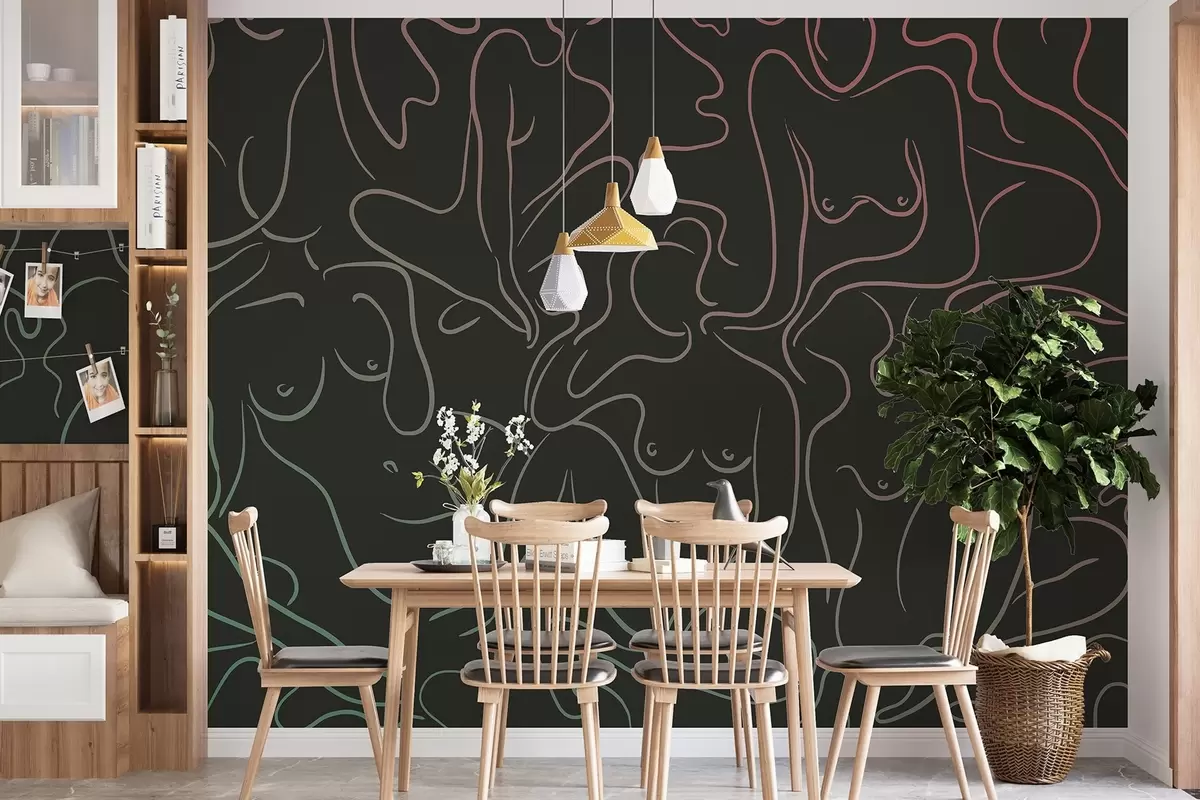 Papier peint Silhouettes anatomiques dessinées au trait, abstraction, fond sombre w03755v2