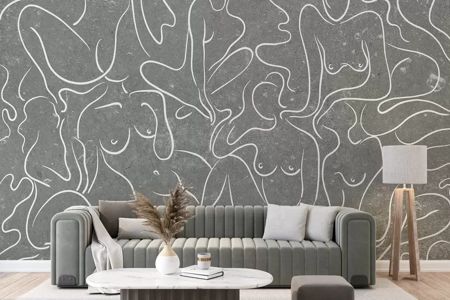 Papier peint Silhouettes anatomiques dessinées au trait, abstraction, fond gris  w03756v1