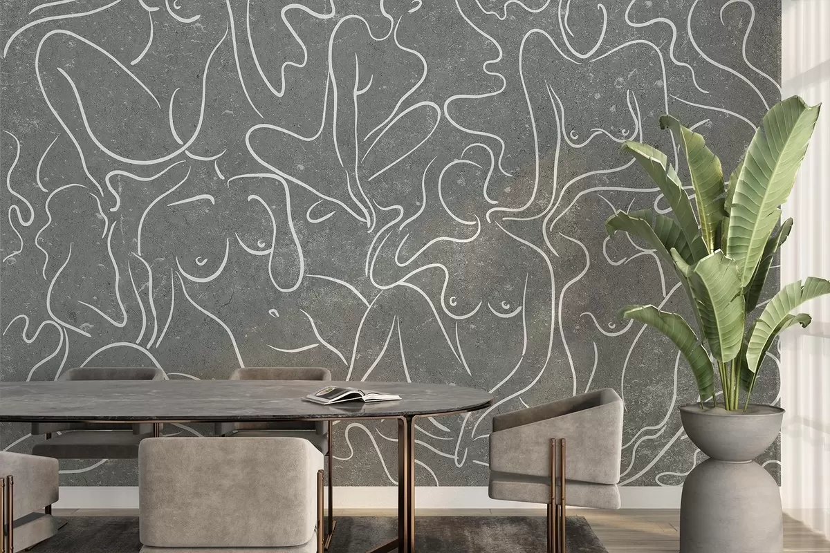 Papier peint Silhouettes anatomiques dessinées au trait, abstraction, fond gris  w03756v1