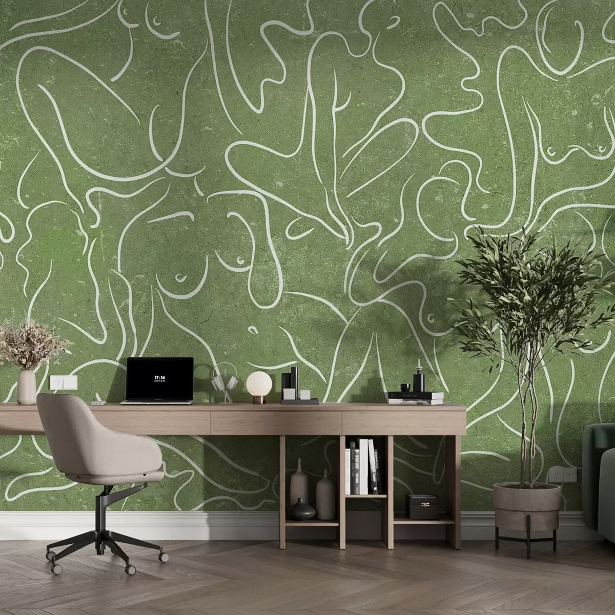 Papier peint Silhouettes anatomiques dessinées au trait, abstraction, fond vert  w03756v2