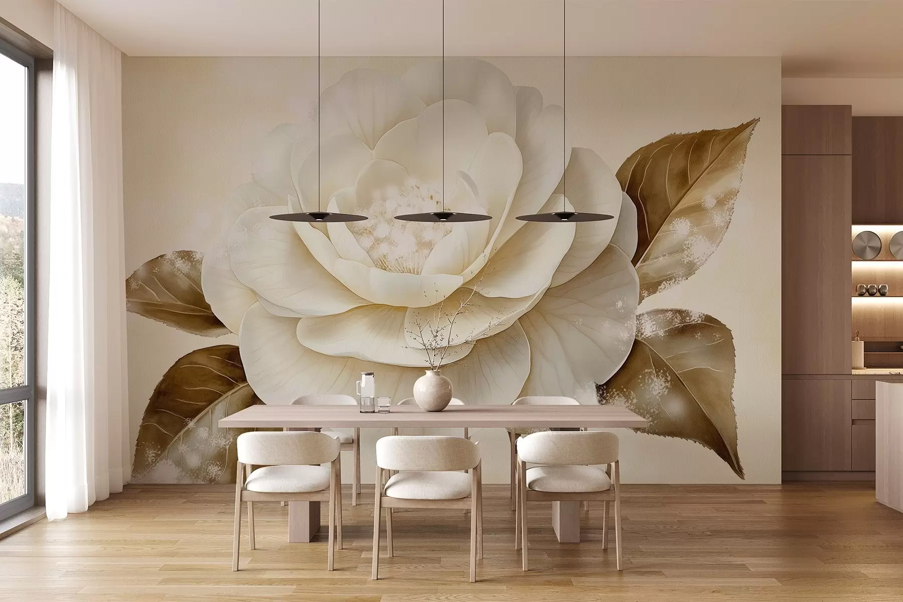 Papier peint Belle fleur de pivoine aux couleurs beiges w03757