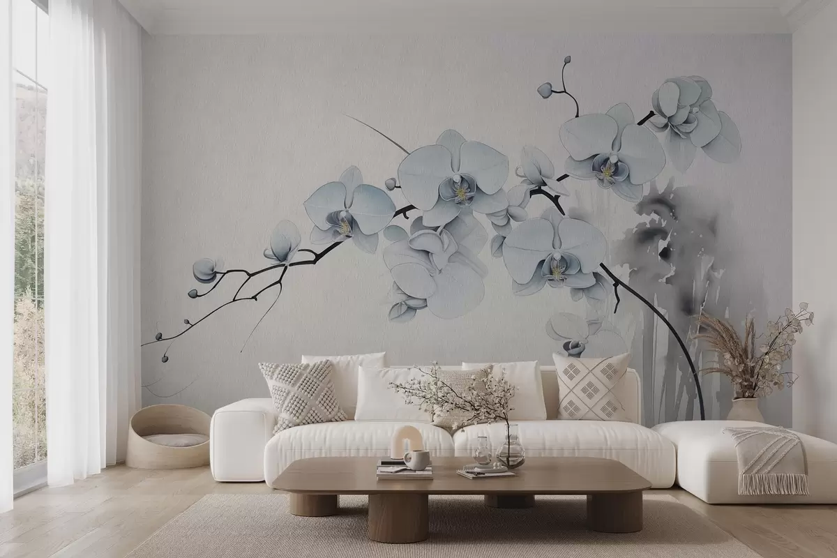 Papier peint Orchidées à l'aquarelle de style japonais sur fond clair w03795