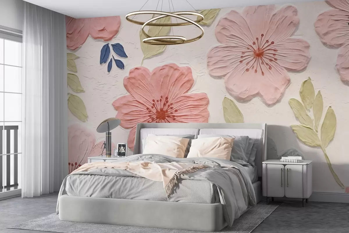 Papier peint Fleurs en relief dans le style bas-relief avec des tons roses w03797