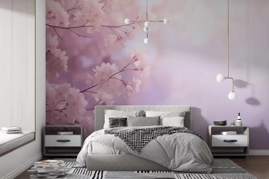 Papier peint Branches de sakura avec fleurs roses sur fond pastel w03804