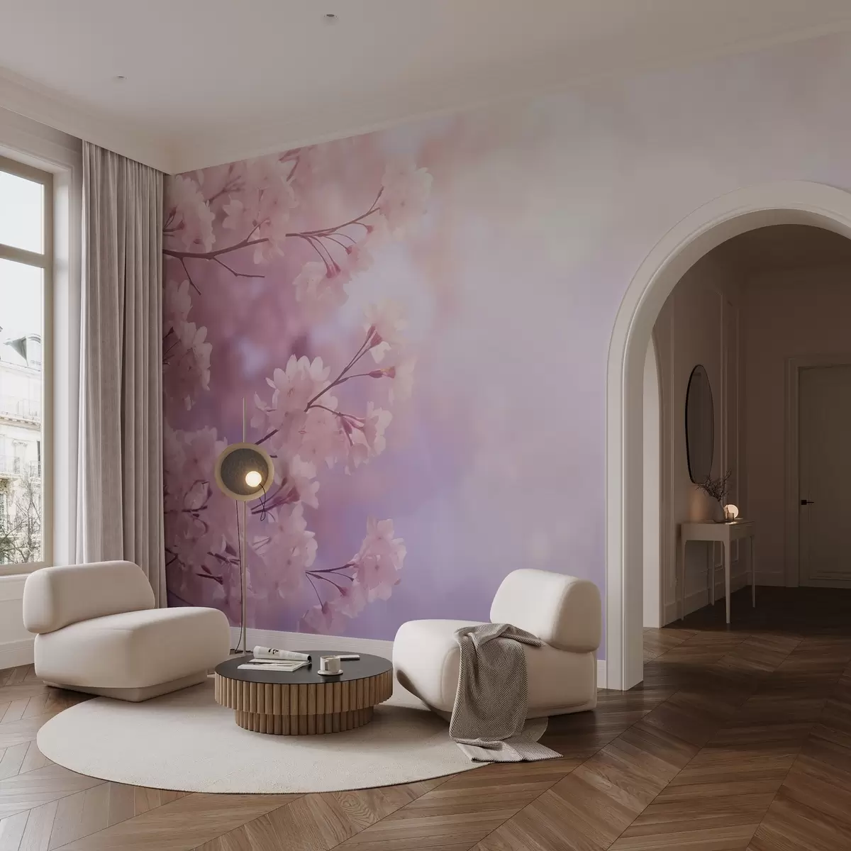 Papier peint Branches de sakura avec fleurs roses sur fond pastel w03804
