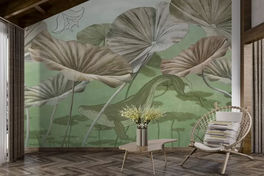 Papier peint Baleine parmi les lotus géants dans l'eau verte w03807