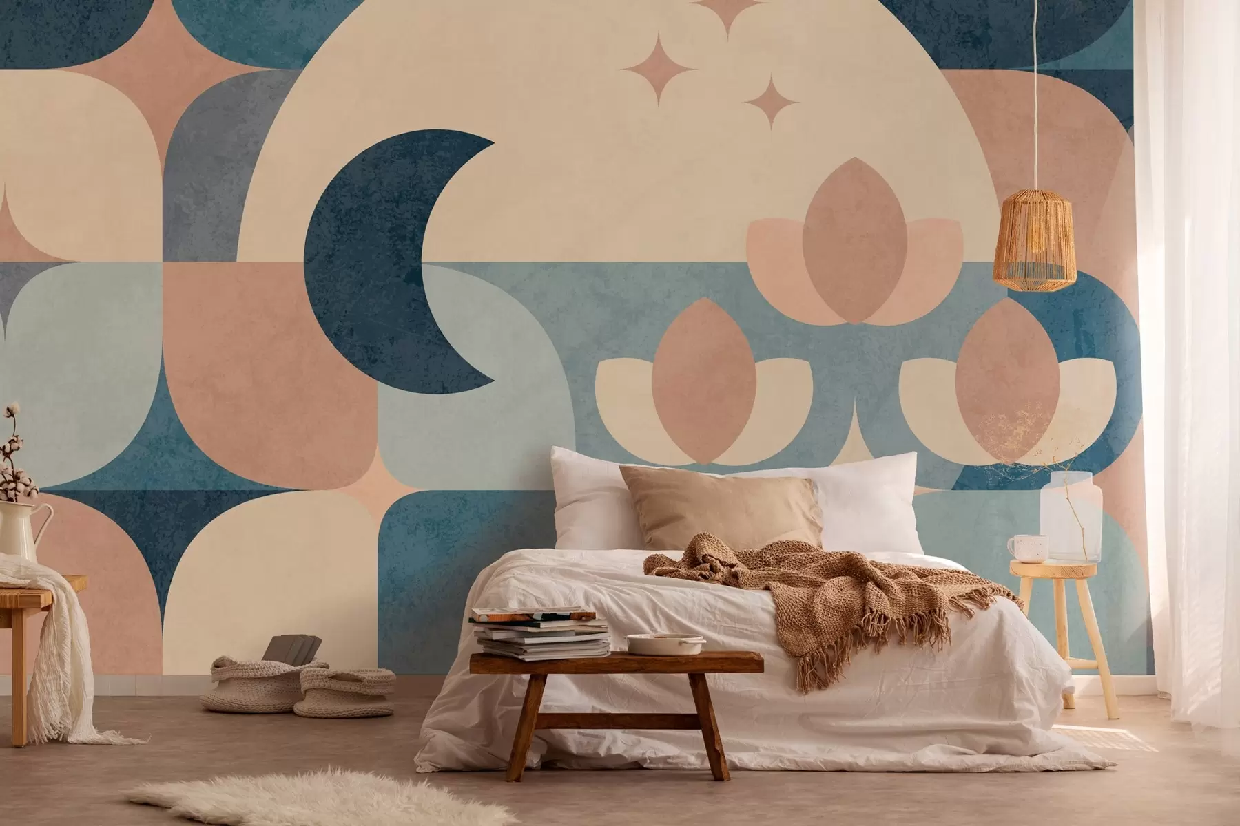 Papier peint l'abstraction géométrique, où les formes douces s'entrelacent avec les symboles de la lune, des fleurs et des étoiles. w03723