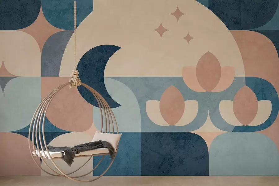 Papier peint l'abstraction géométrique, où les formes douces s'entrelacent avec les symboles de la lune, des fleurs et des étoiles w03723