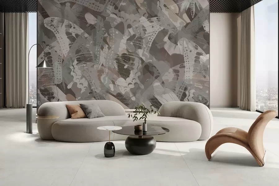 Papier peint abstraction volée de papillons dans les tons gris et bruns w03725