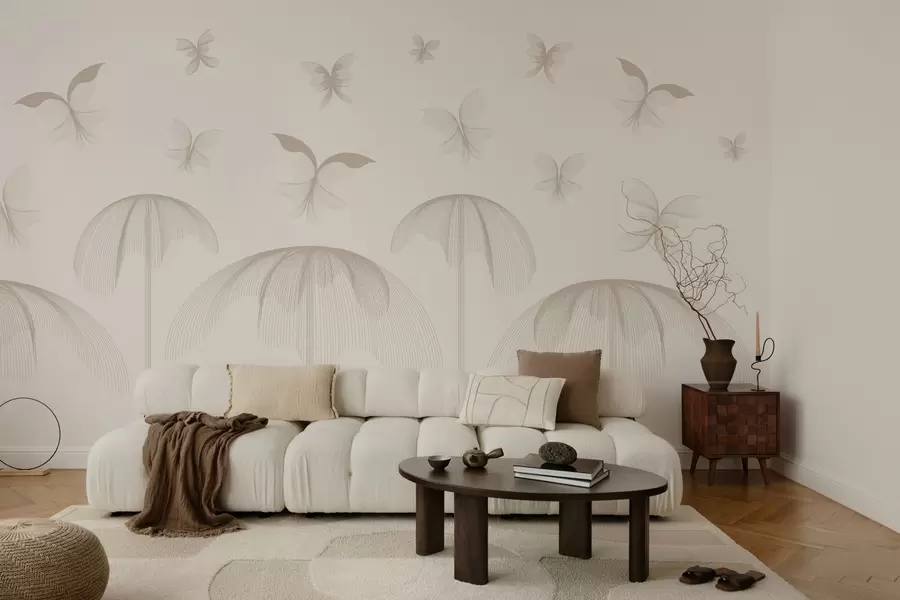 Papier peint papier peint linéaire minimaliste avec papillons et fontaines sur fond laiteux w03762