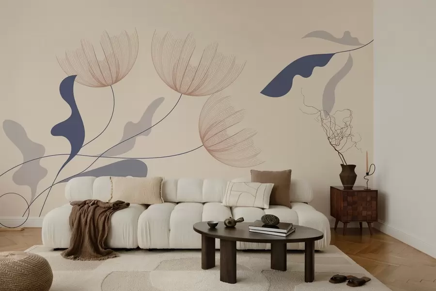 Papier peint fleurs élégantes et minimalistes dans les tons bleus sur fond beige w03763