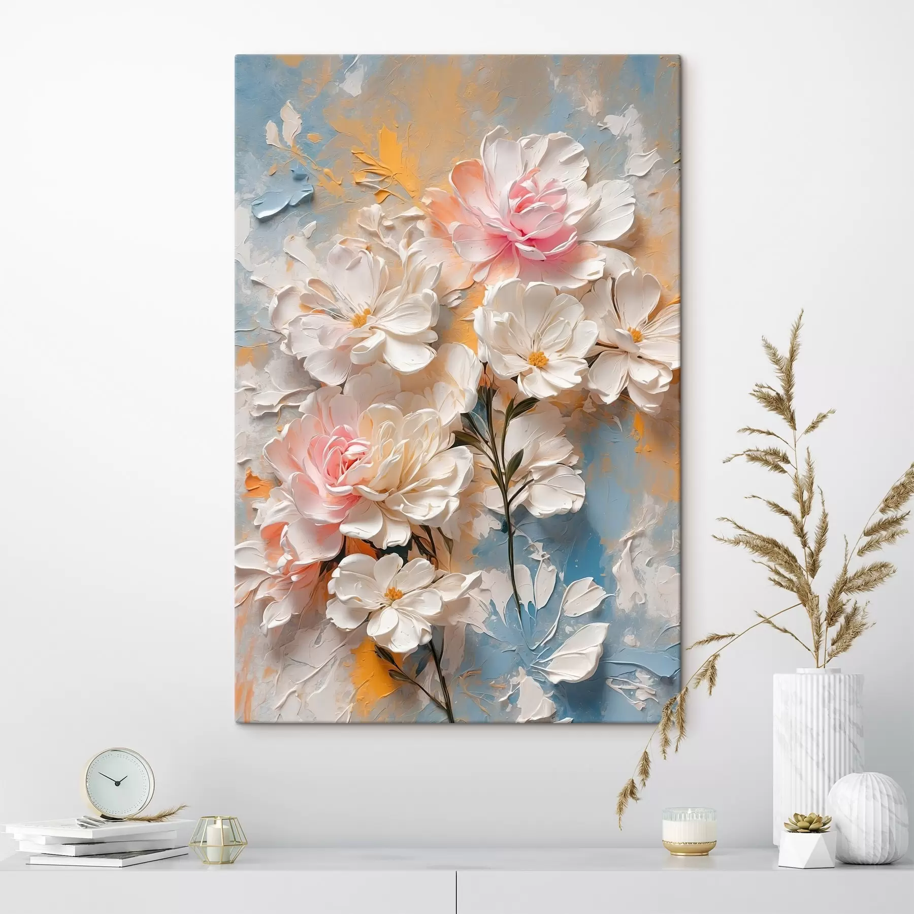 Tableau Fleurs blanches et roses sur fond abstrait s44066
