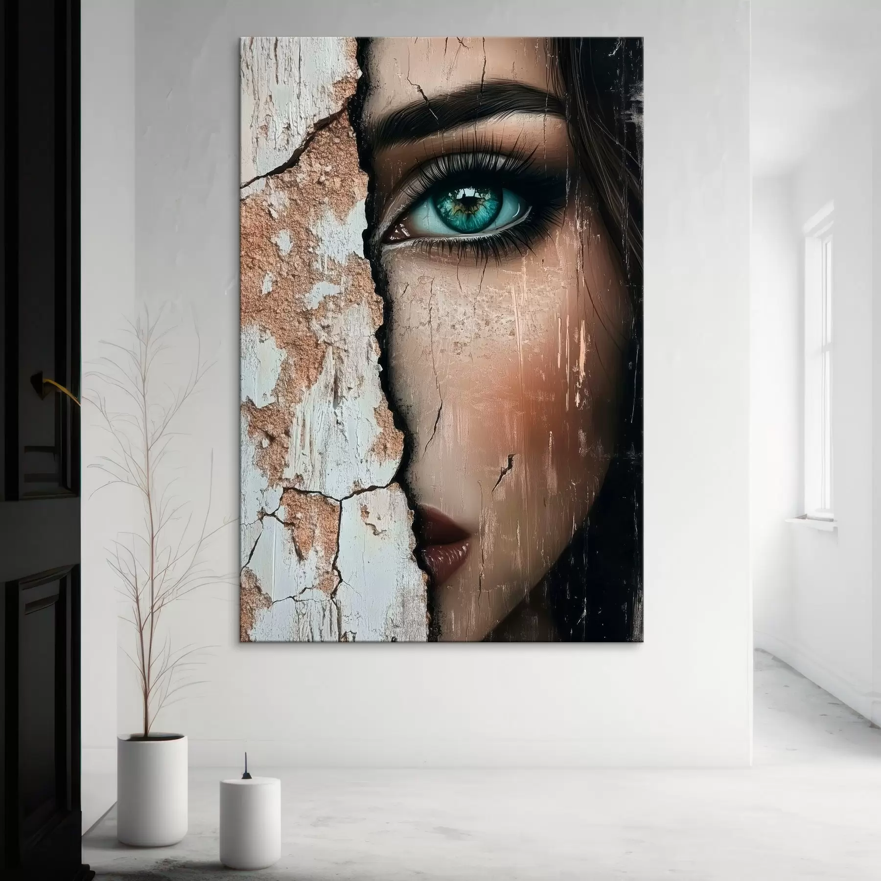 Tableau Visage de fille derrière un vieux mur s44069
