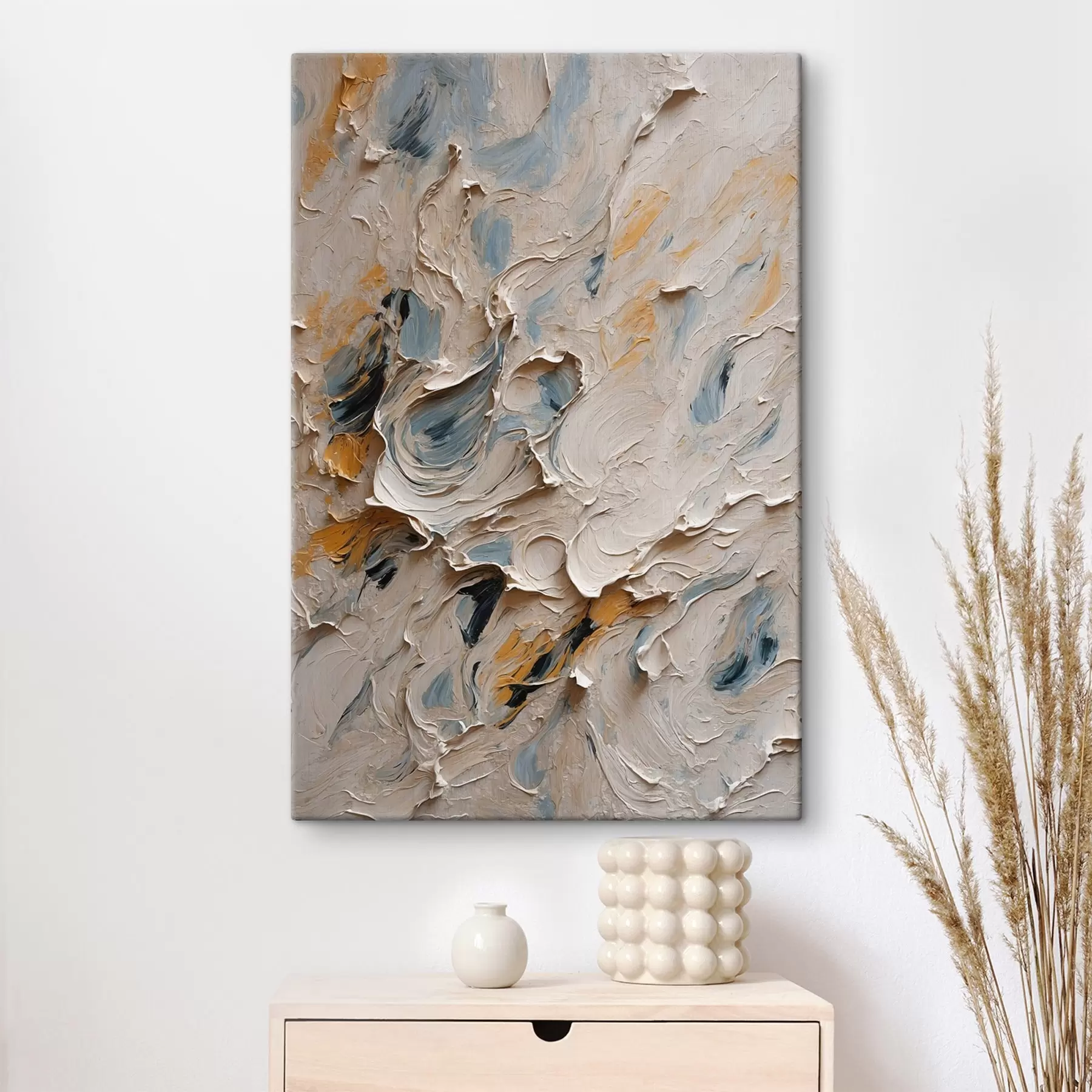Tableau Peinture à l'huile abstraite en blanc et bleu s44078