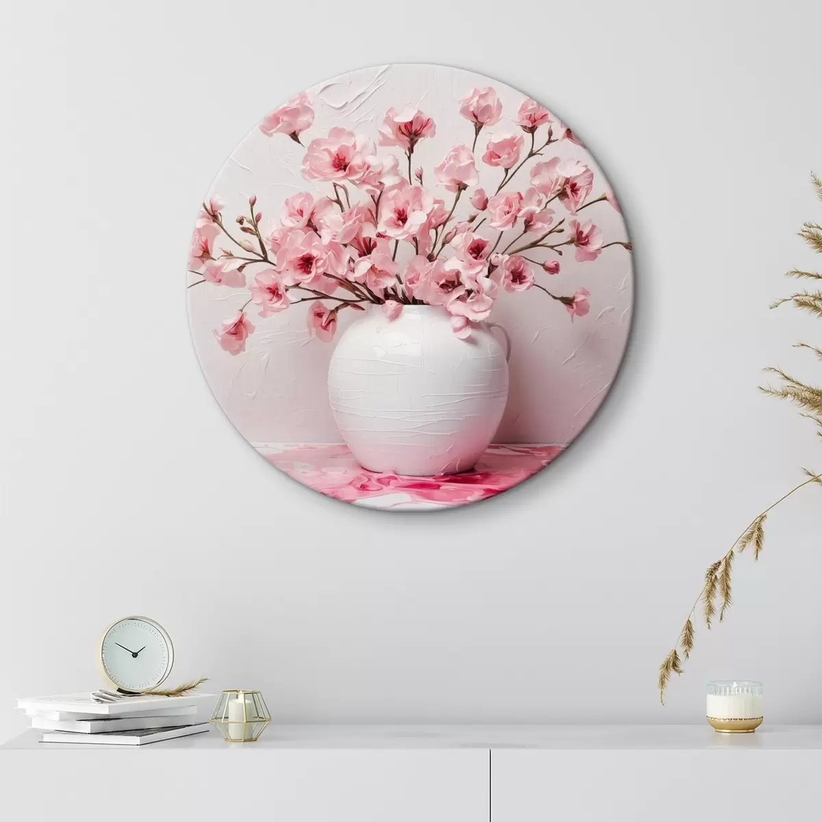 Tableaux rondes Fleurs roses dans un grand vase blanc r44081
