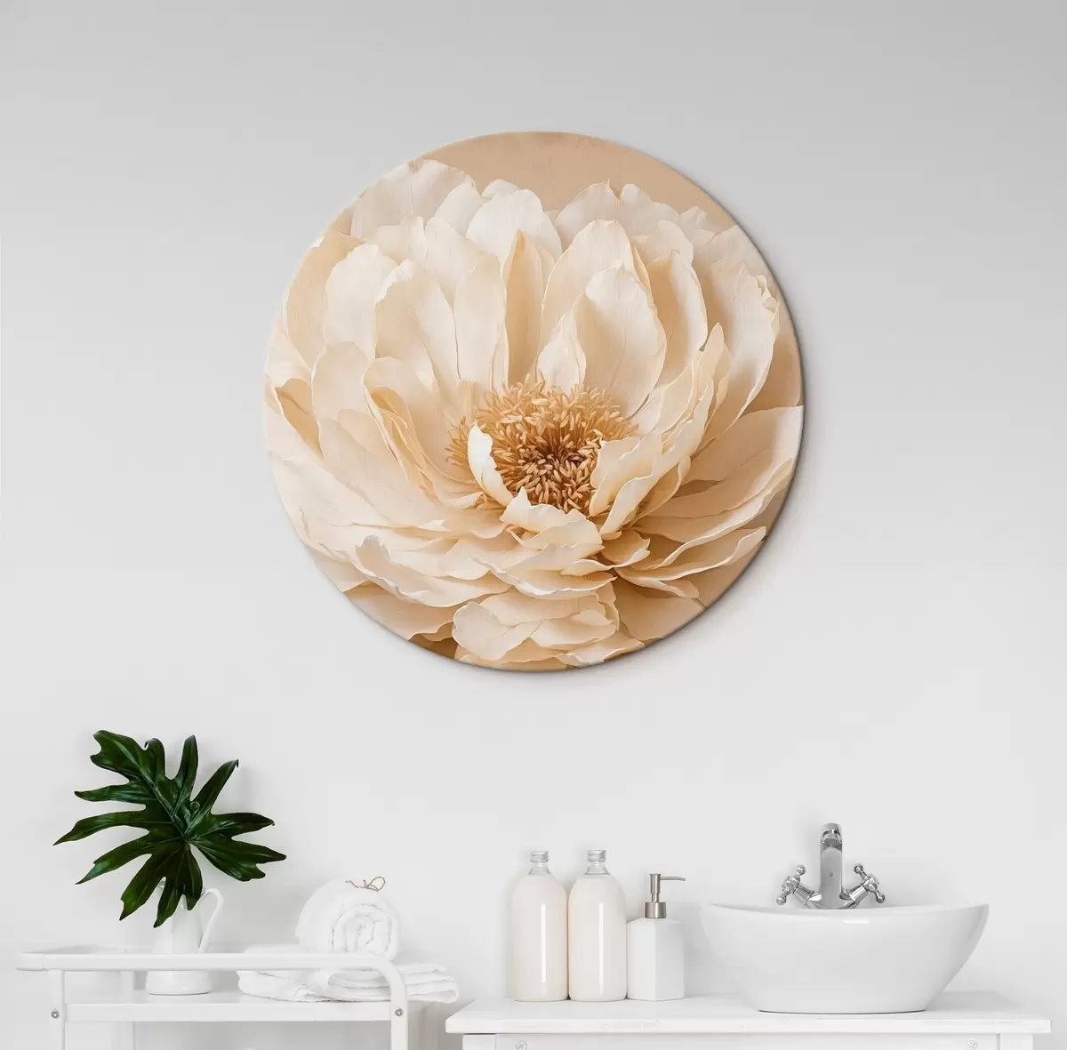 Tableaux rondes Fleur blanche sur fond beige r44094