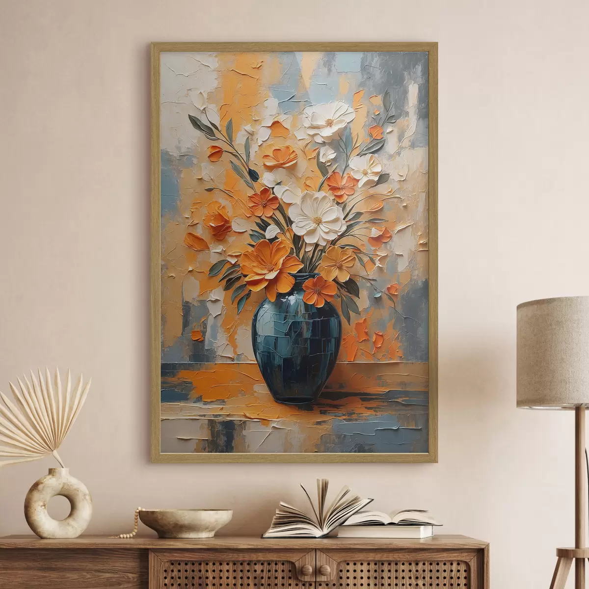 Poster Fleurs blanches et orange dans un vase, peinture à l'huile f44059