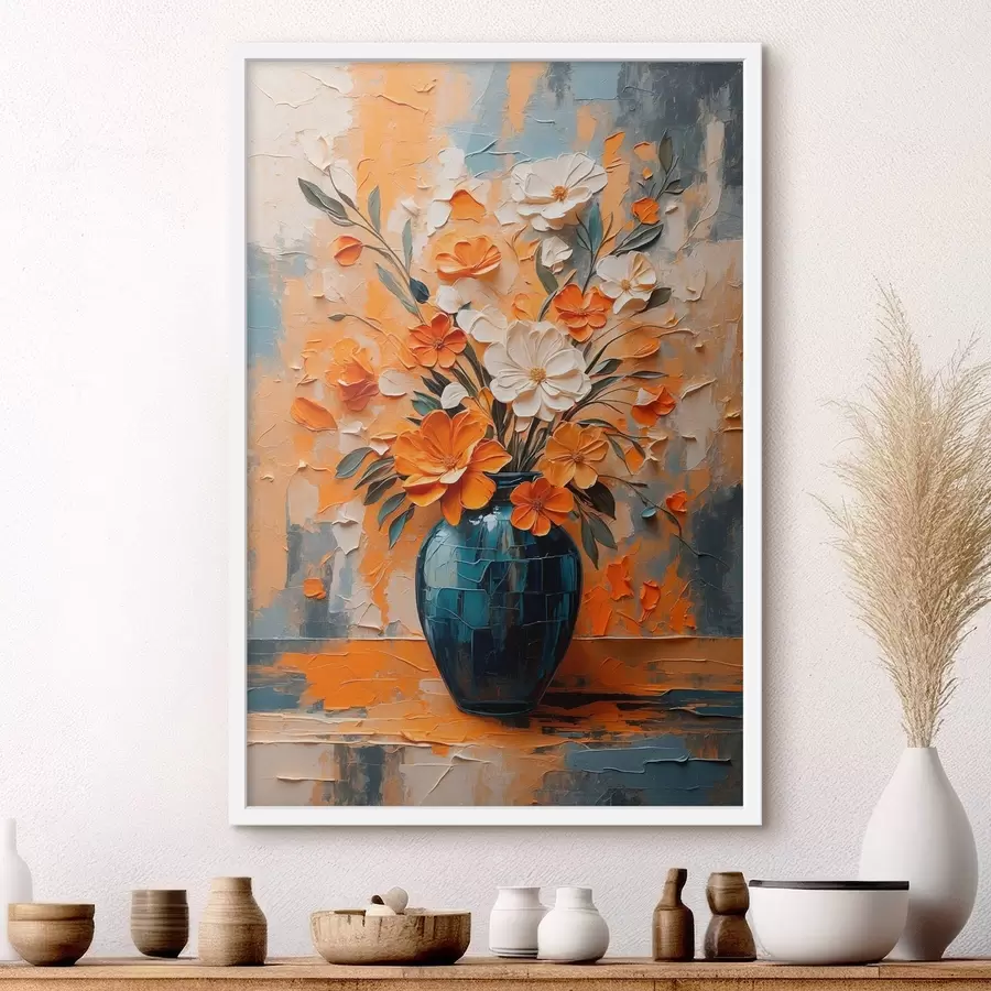 Papier peint Fleurs blanches et orange dans un vase, peinture à l'huile f44059