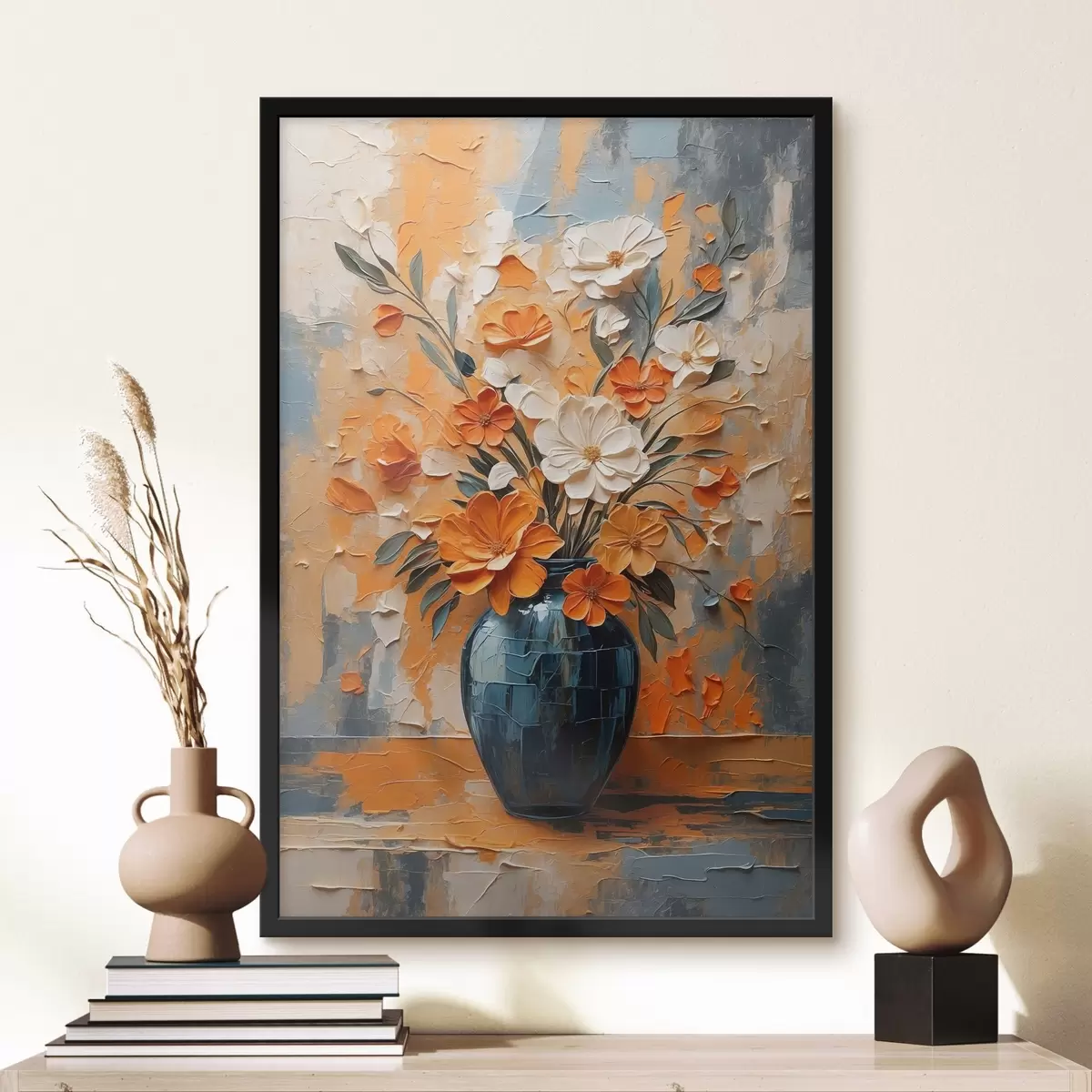 Poster Fleurs blanches et orange dans un vase, peinture à l'huile f44059