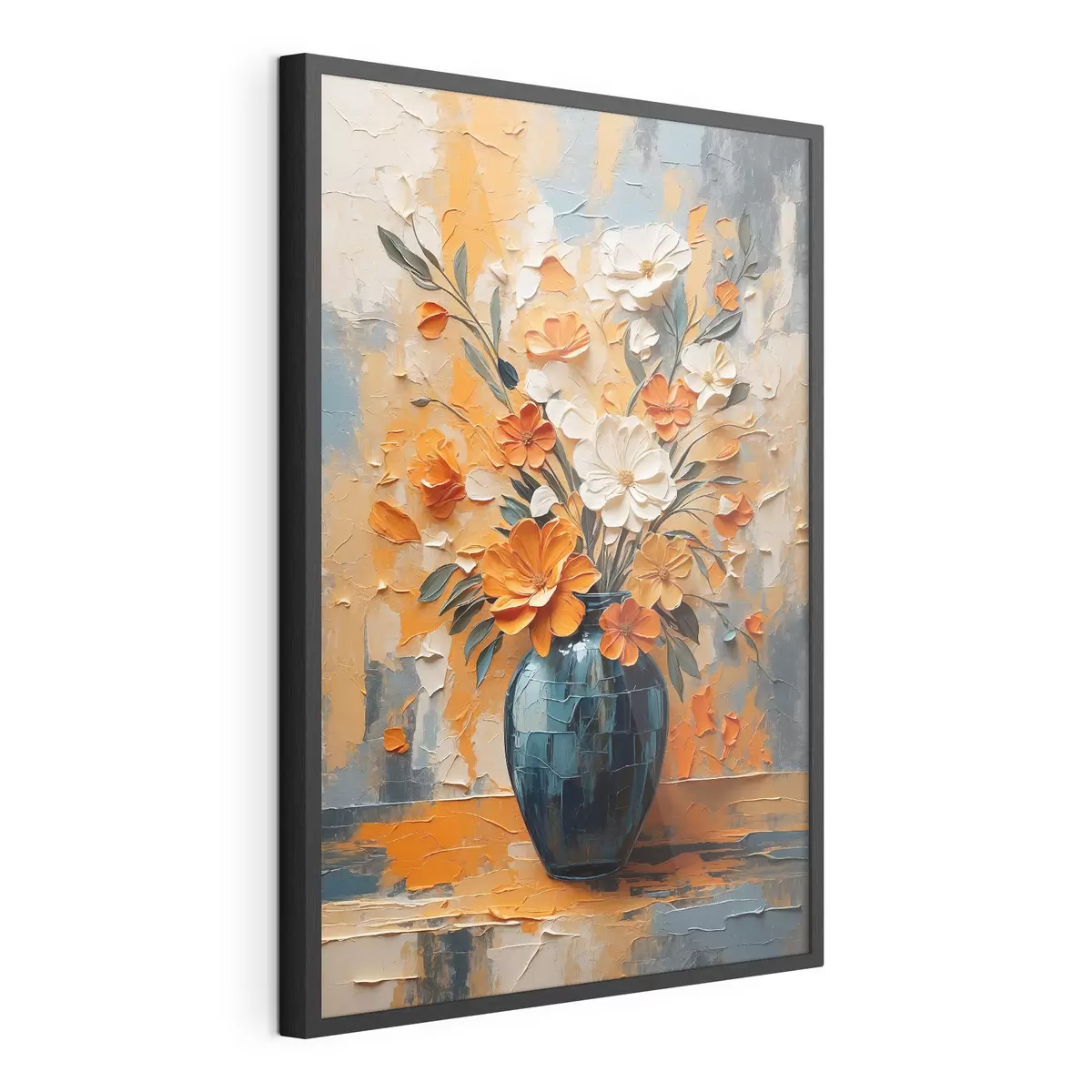 Poster Fleurs blanches et orange dans un vase, peinture à l'huile f44059