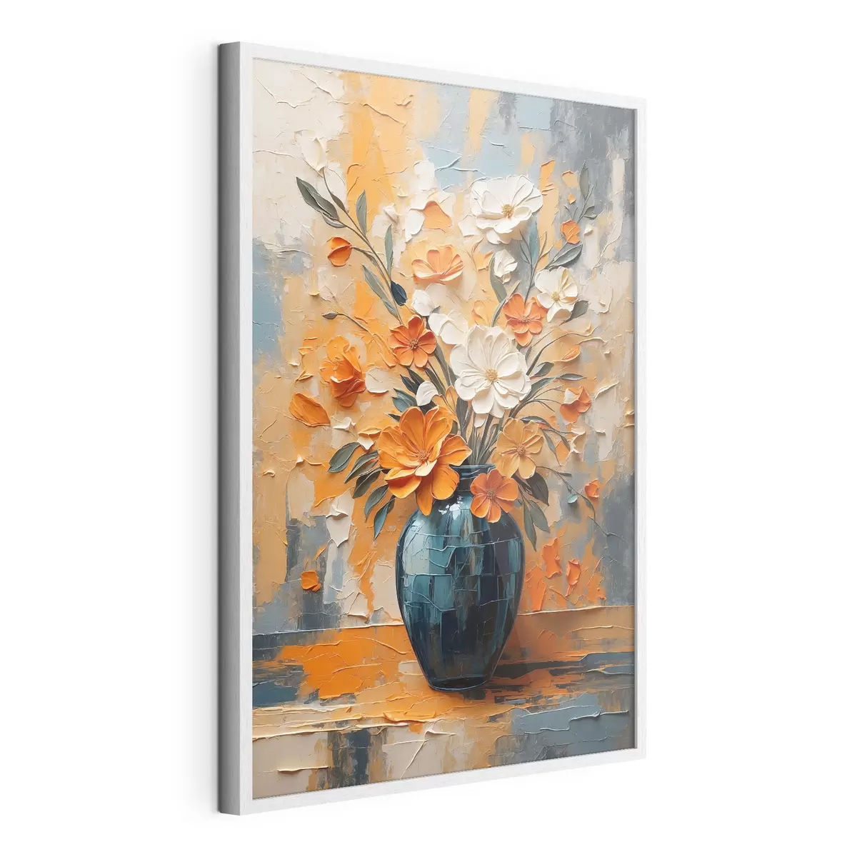 Poster Fleurs blanches et orange dans un vase, peinture à l'huile f44059