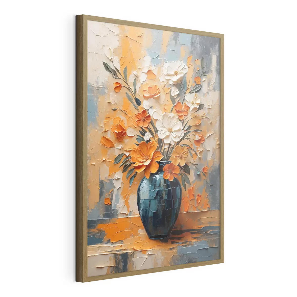 Poster Fleurs blanches et orange dans un vase, peinture à l'huile f44059