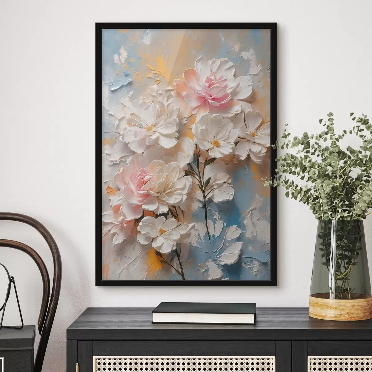 Poster Fleurs blanches et roses sur fond abstrait f44066