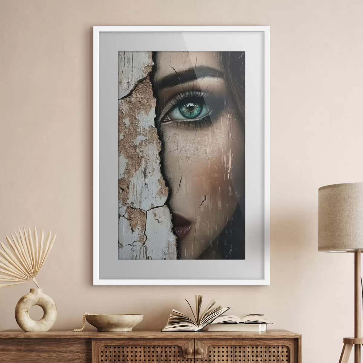 Poster Visage de fille derrière un vieux mur f44069