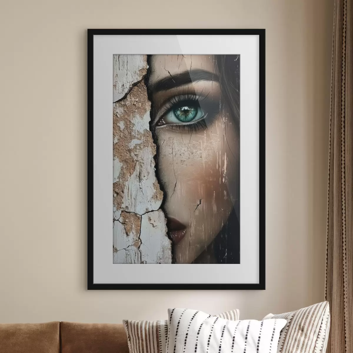 Poster Visage de fille derrière un vieux mur f44069
